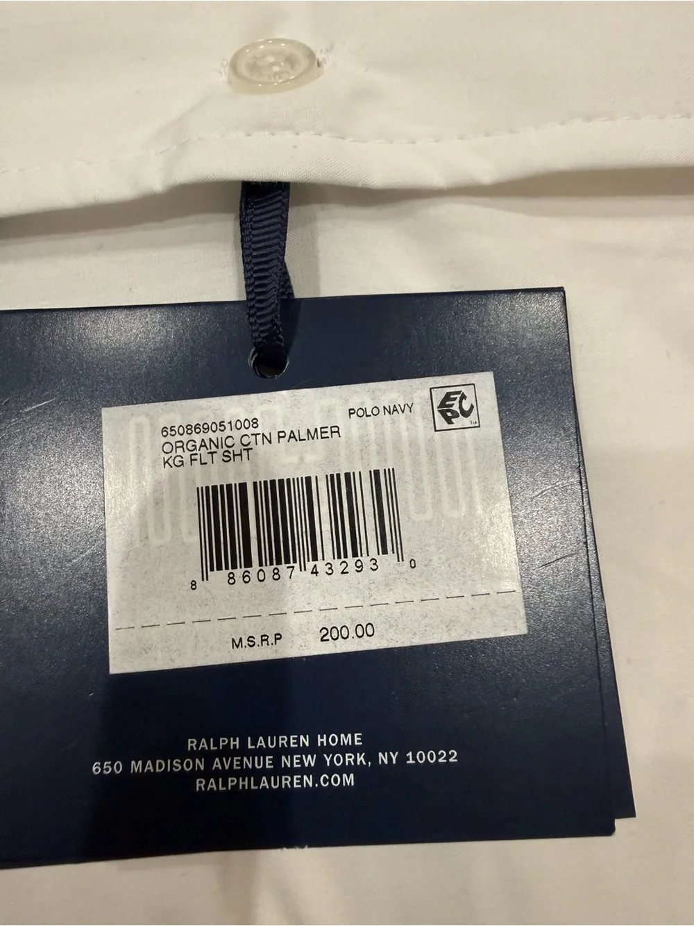 Ralph Lauren Organic Cotton Palmer Percale King Size Flat Sheet, White/Polo Navy
